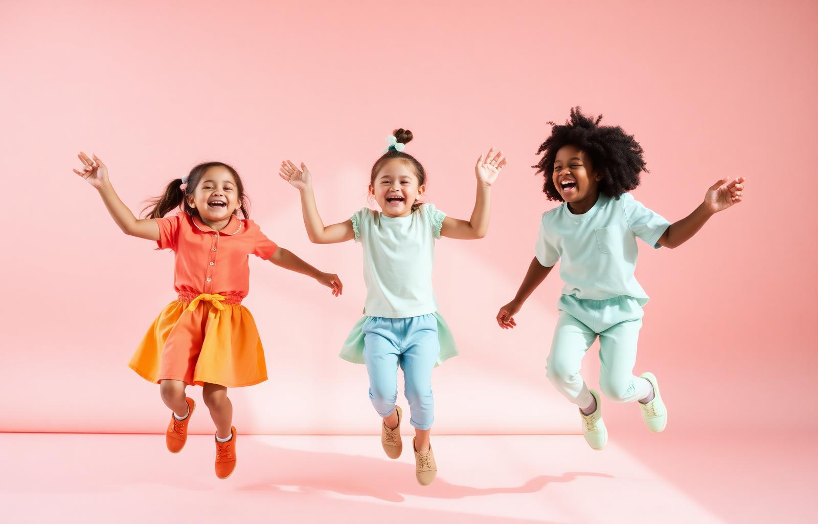 Three happy kids in colorful Tots Studio outfits jumping