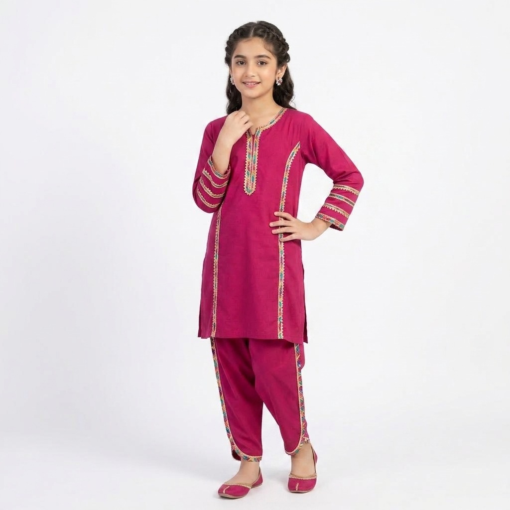 Shocking Pink Cotton Sheesha Kurti with Tulip Shalwar for Girls