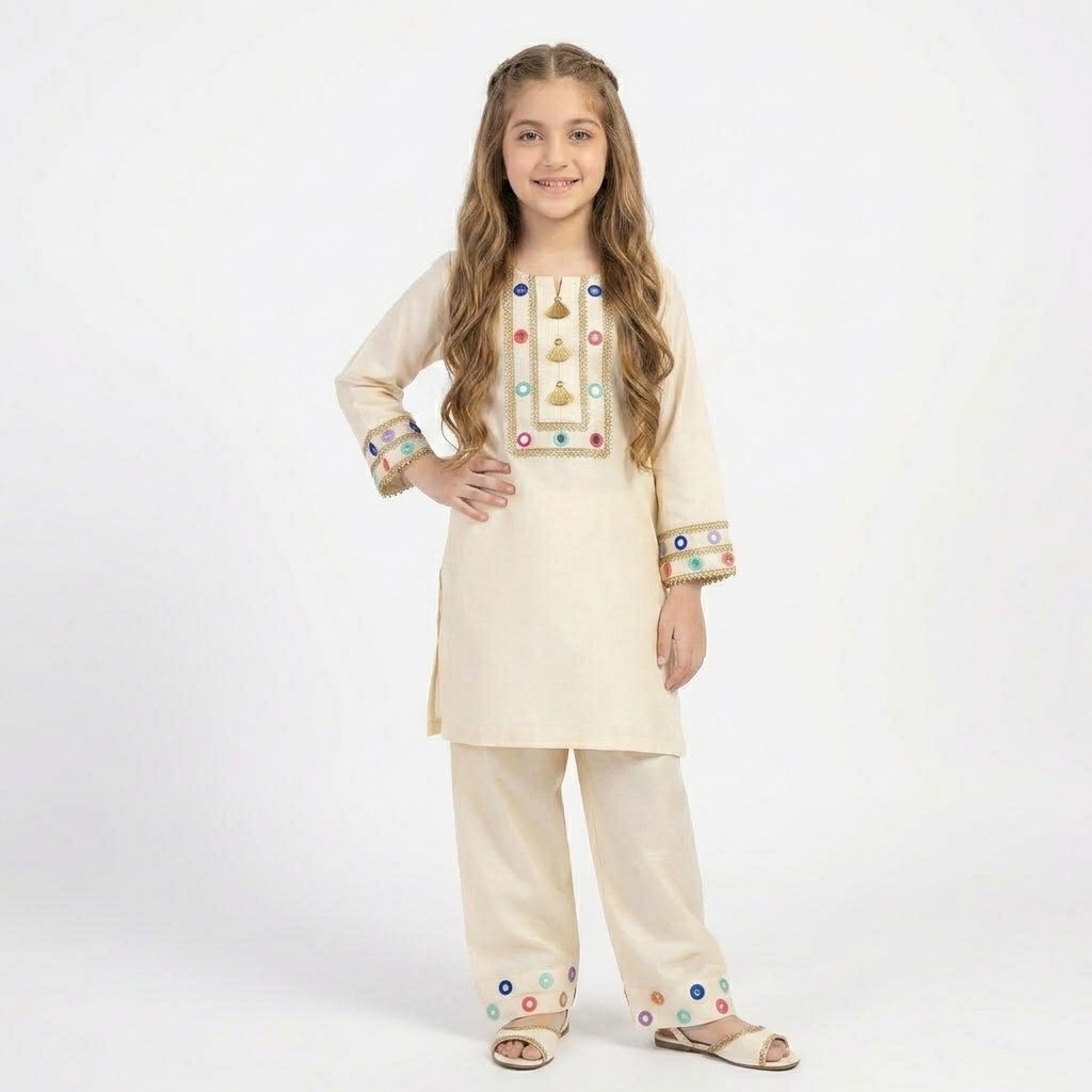 White Sheesha Embroidered Cotton Suit for Girls